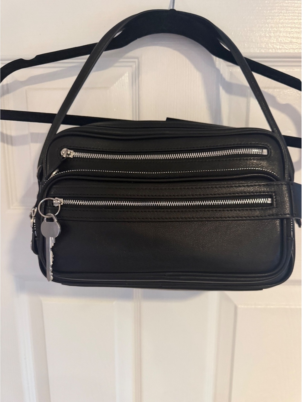 Inspired by Acne Studio Black Leather Crossbody Bag with Key Charm